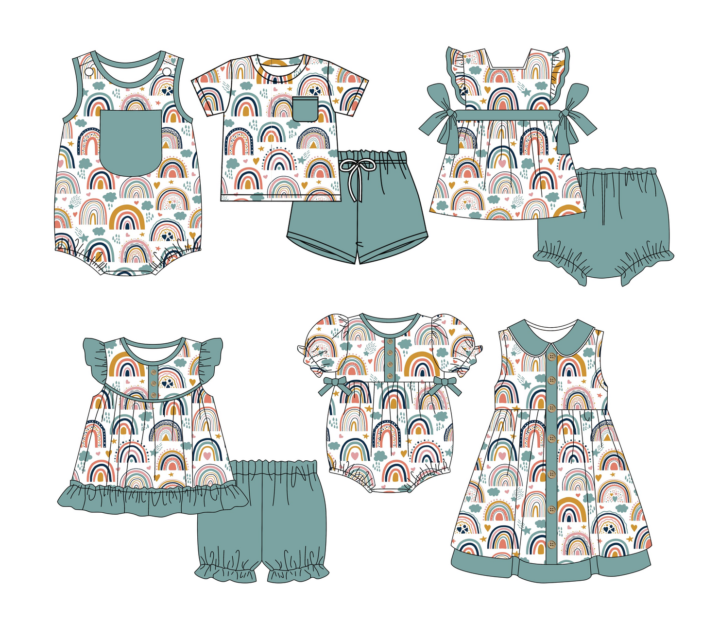 Preorder moq 5 Custom Baby Kids Aqua Pocket Button Rainbows Top Short Bummies Sets Dresses And Rompers