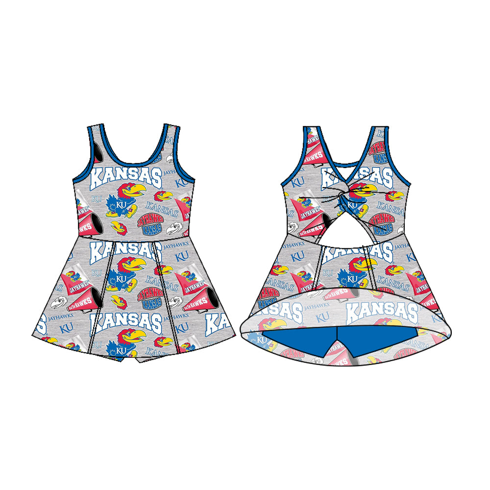 Preorder (moq 5)Baby Girls Sleeveless Kansas Bows Shorts Team Knee Length Dresses