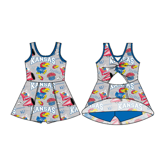 Preorder (moq 5)Baby Girls Sleeveless Kansas Bows Shorts Team Knee Length Dresses