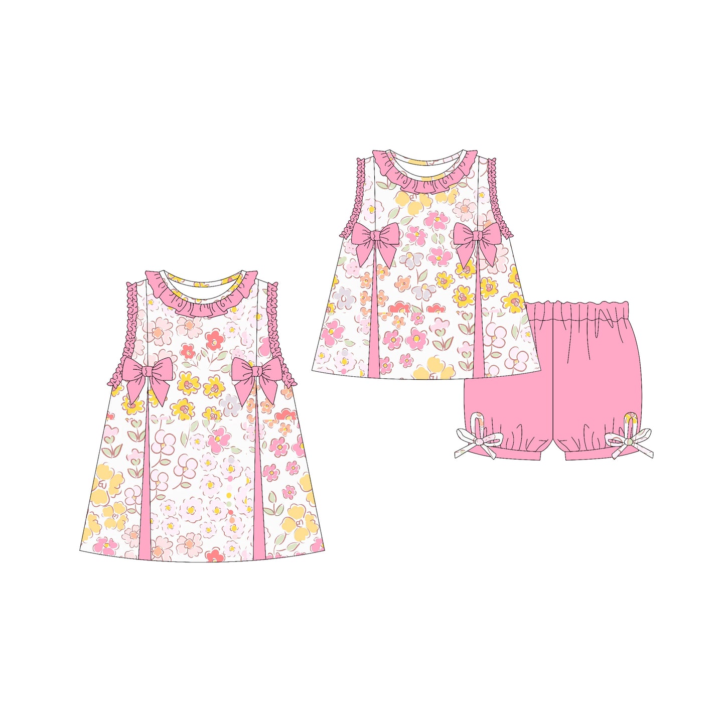 Preorder moq 5 Custom Baby Girls Sleeveless Pink Flowers Tunic Ruffle Short Set Knee Length Dresses
