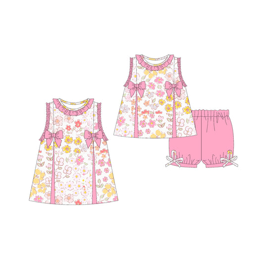 Preorder moq 5 Custom Baby Girls Sleeveless Pink Flowers Tunic Ruffle Short Set Knee Length Dresses