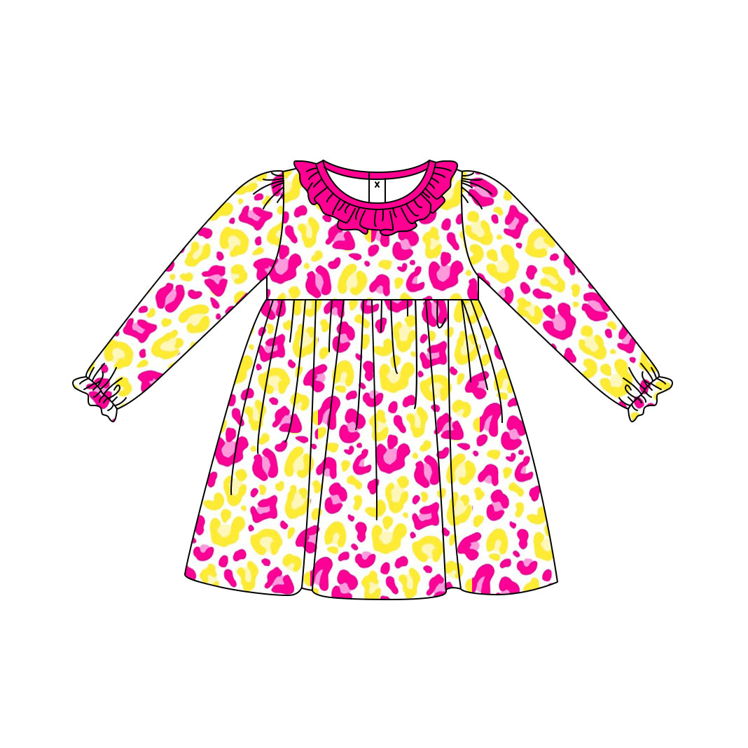 Baby Girls Pink Yellow Leopard Knee Length Dresses Preorder(moq 5)