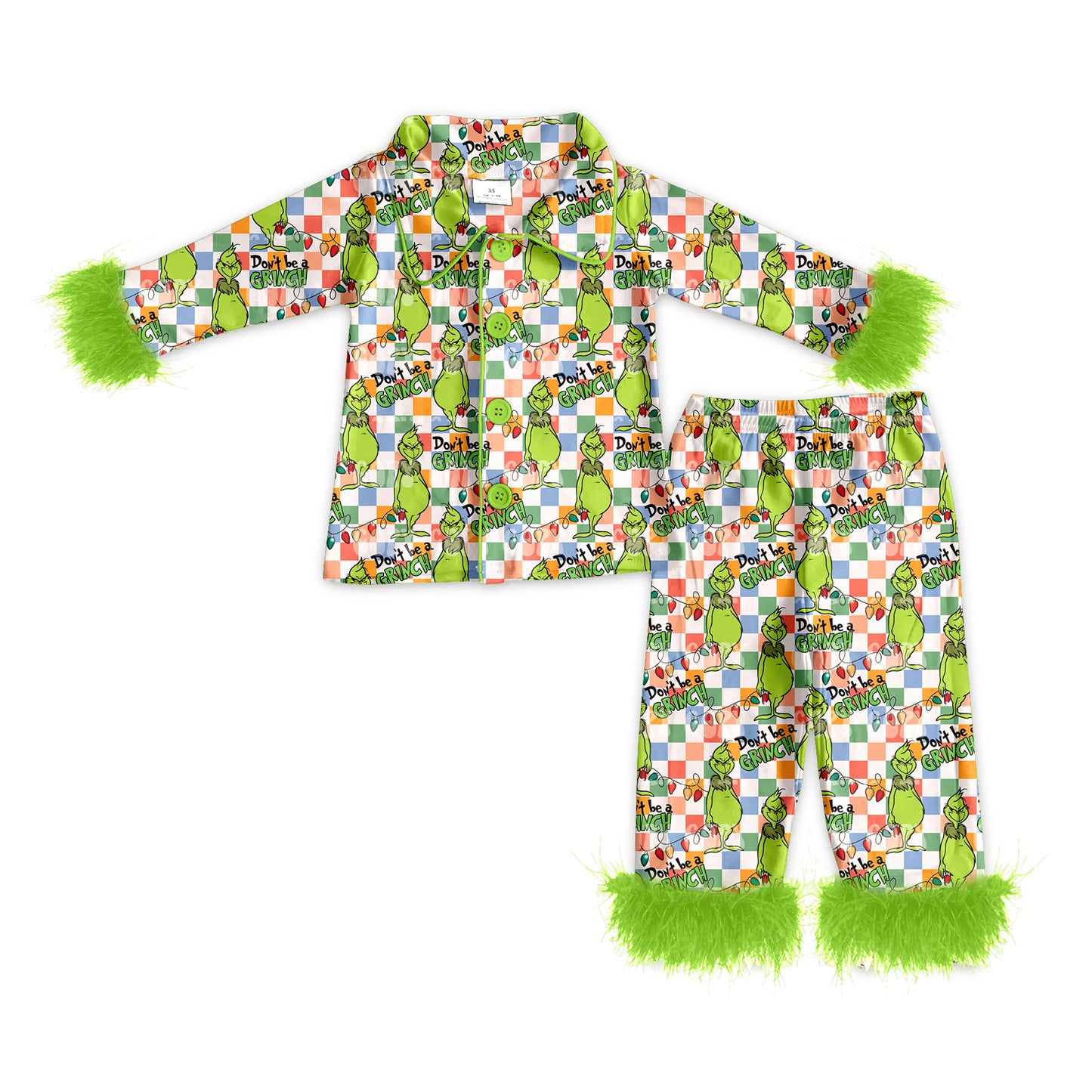 Baby Girls Christmas Green Checkered Fur Top Pants Pajamas Clothes Sets preorder(MOQ 5)