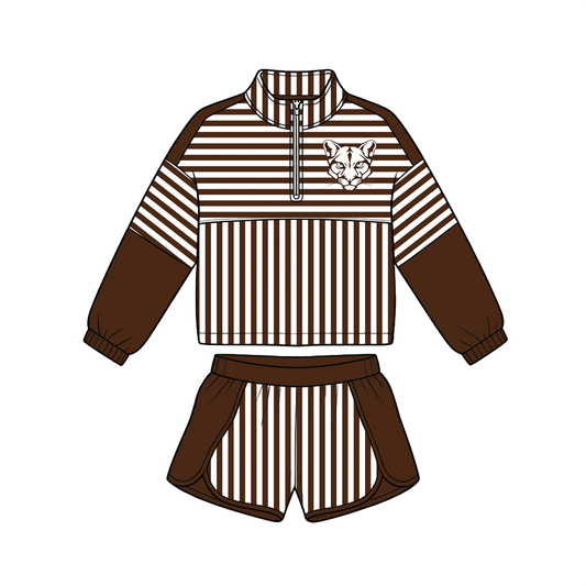 Preorder (moq 5)Baby Boys Brown Stripe WSU Pullovers Top Short Team Clothes Set