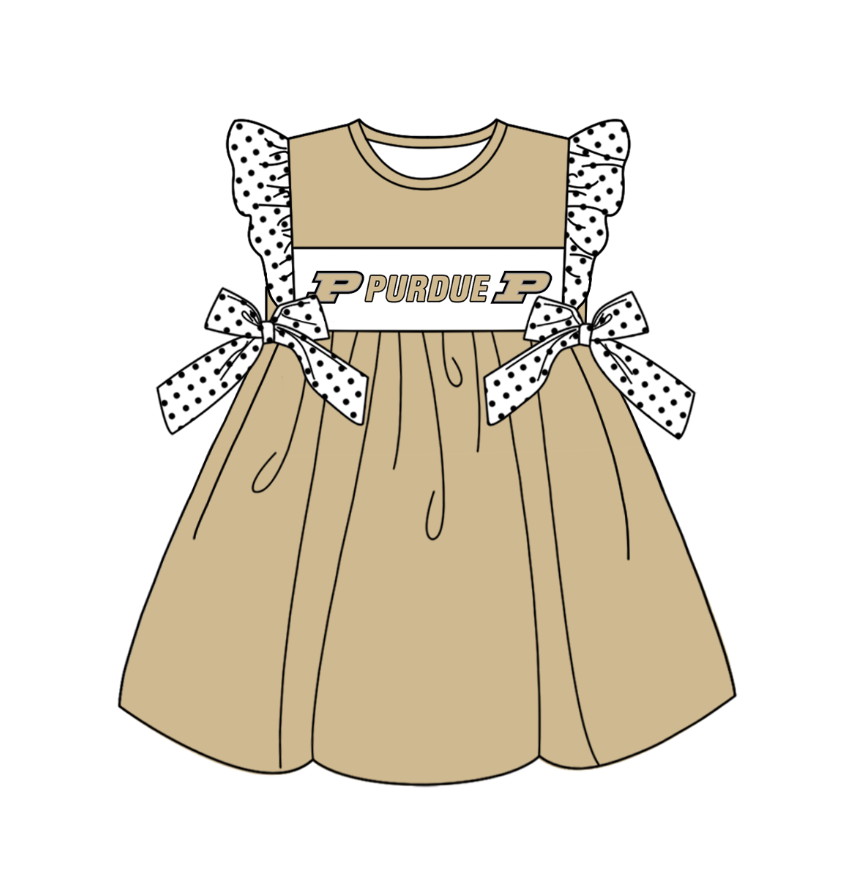 Custom moq 5 Football Team Purdue Kahki Flutter Sleeve Bows Girls Dress