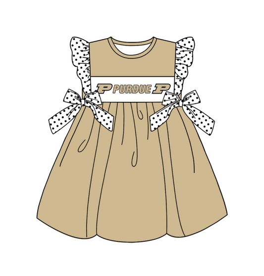 Custom moq 5 Football Team Purdue Kahki Flutter Sleeve Bows Girls Dress