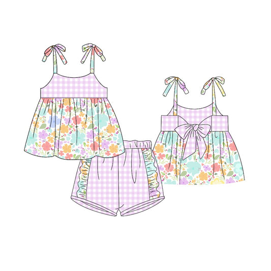 Baby Girls Lavender Checkered Flowers Straps Tunic Ruffle Shorts Clothes Sets preorder (moq 5)