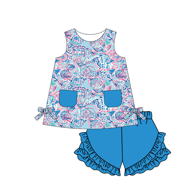 Preorder (moq 5)Baby Girls Blue Seashell Tunic Top Ruffle Shorts Clothes Sets