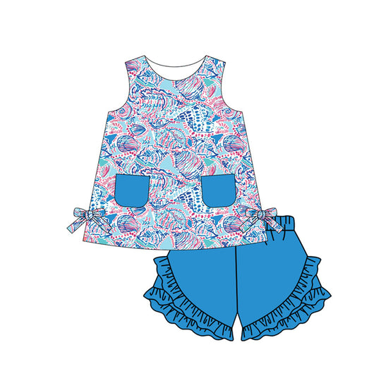 Preorder (moq 5)Baby Girls Blue Seashell Tunic Top Ruffle Shorts Clothes Sets