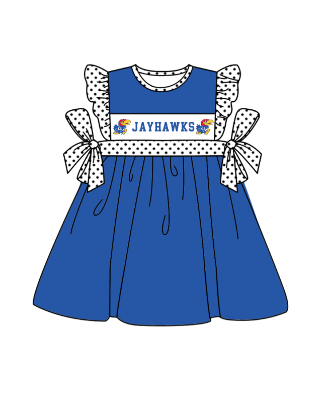 Preorder (moq 5)Baby Girls Polka Dots Flutter Sleeve Jayhawks Team Knee Length Dresses