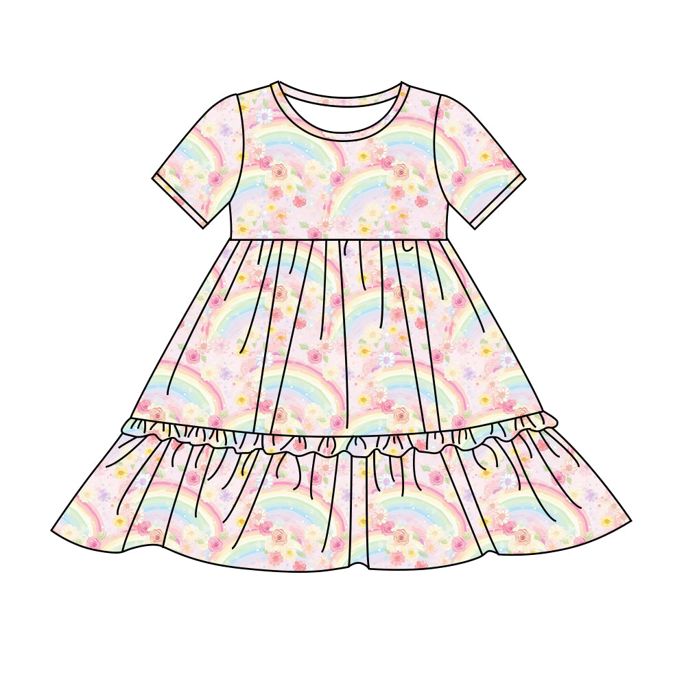 Preorder (moq 5)Baby Girls Colorful Rainbow Flowers Knee Length Dresses