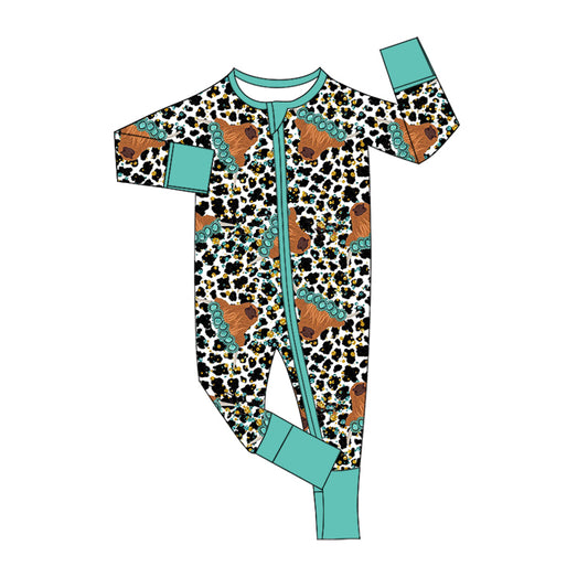 Infant Baby Kids Girls Western Turquoise Cow Zip Rompers preorder(moq 5)