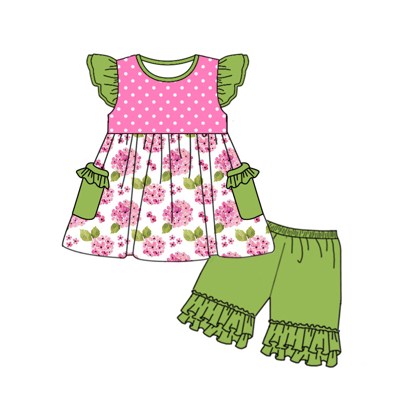 Baby Girls Green Flowers Pockets Tunic Top Ruffle Shorts Clothes Sets preorder (moq 5)