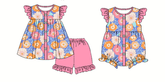 Preorder moq 5 Custom Baby Girls Flutter Sleeves Button Flowers Tunic Ruffle Short Set Rompers