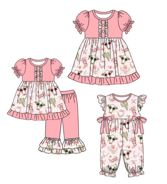 Preorder moq 5 Custom Baby Girls Peach Short Ruffle Sleeves Button Cactus Cows Tunic Ruffle Pant Set Knee Length Dress Rompers