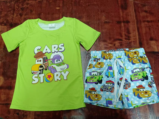 Preorder moq 5 Baby Boys Green Short Sleeves Cartoon Cars Top Shorts Set