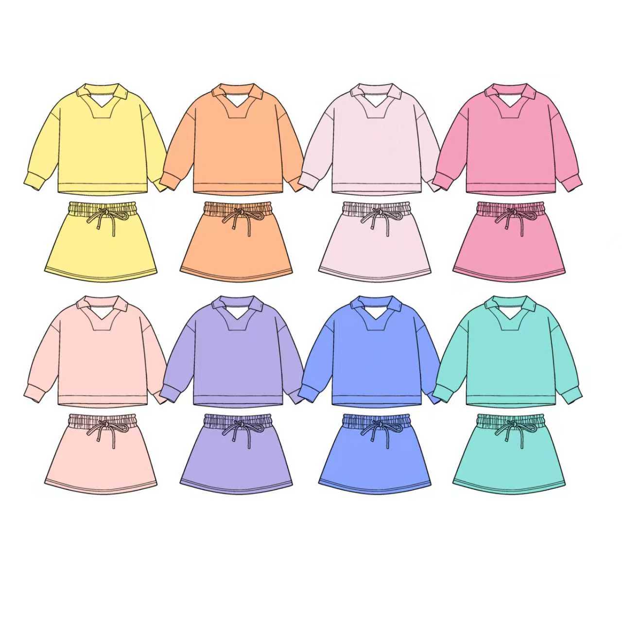Preorder moq 5 (each item)Baby Girls Colorful Long Sleeve Top Skirt Shorts Clothes Sets