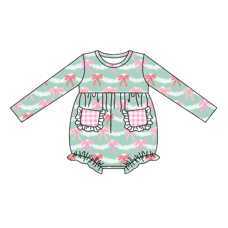 Baby Infant Girls Green Bows Pockets Rompers preorder(moq 5)