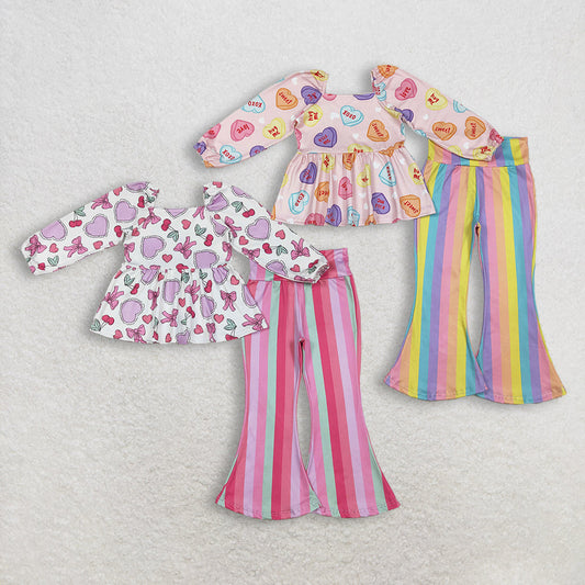 Sibling Baby Girls Colorful Hearts Bows Tunic Stripe Bell Bottom Pants Valentines Clothes Sets