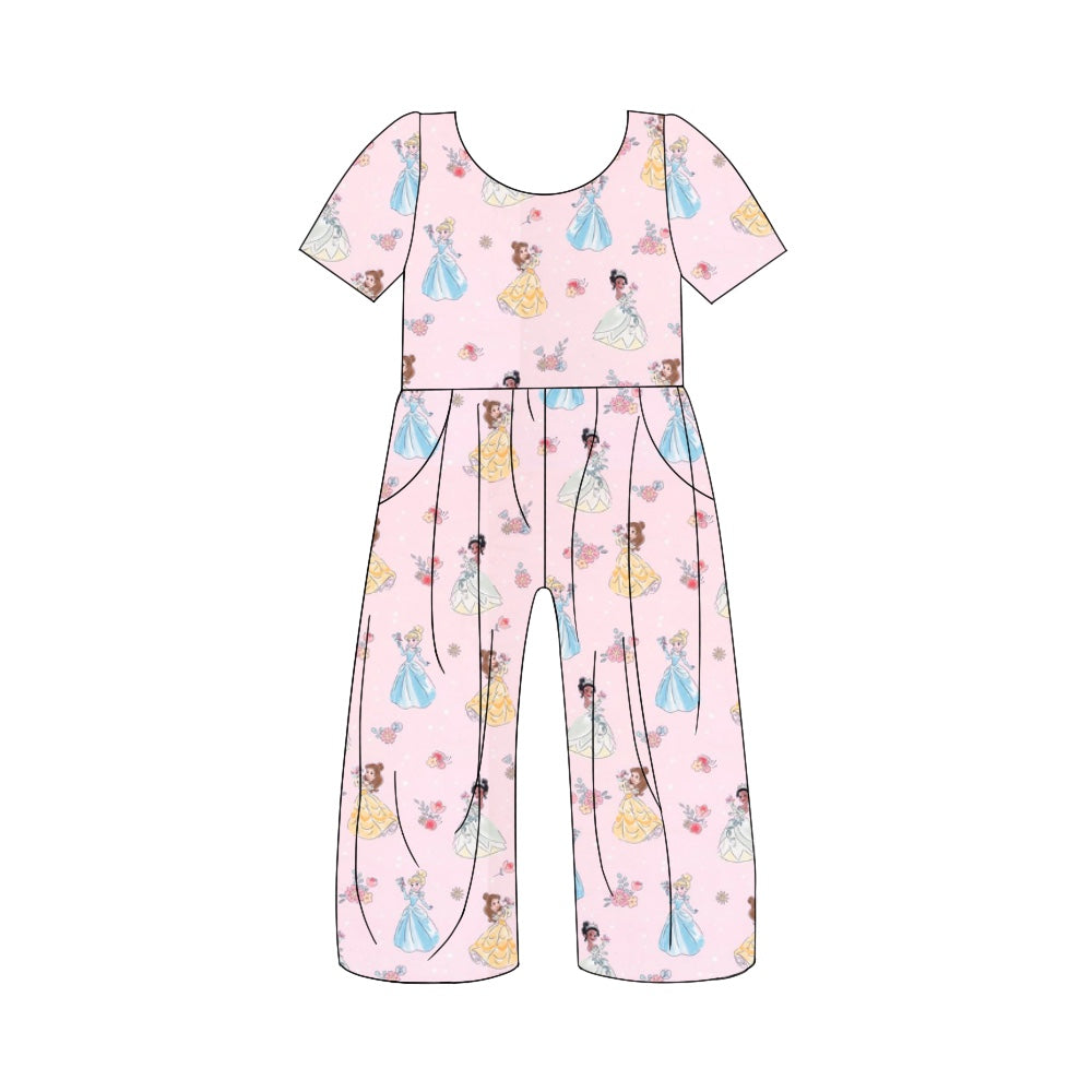 Baby Girls Pink Princess Flowers Short Sleeve Jumpsuits Preorder(moq 5)