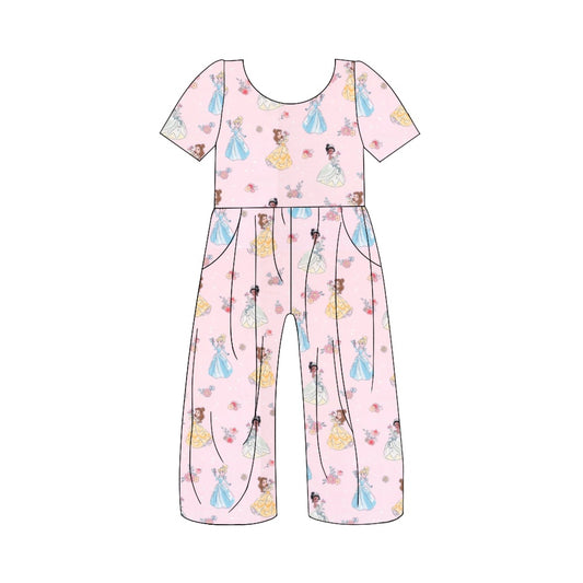 Baby Girls Pink Princess Flowers Short Sleeve Jumpsuits Preorder(moq 5)