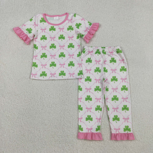 Baby Girls Bows Clovers Checked Top Ruffle Pants St Patrick Pajamas Sets