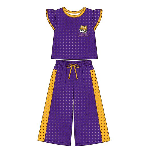 Preorder (moq 5)Baby Girls Flutter Sleeve LSU Tiger Polka Dots Top Flare Pant Team Clothes Set