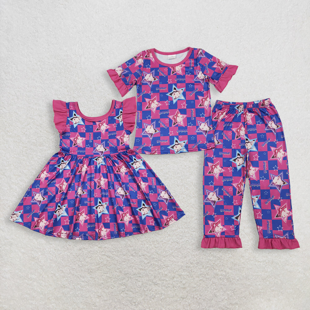 Sibling Baby Girls Pink Blue Checked Demon Hunter Ruffle Pant Pajamas Set Knee Length Dresses