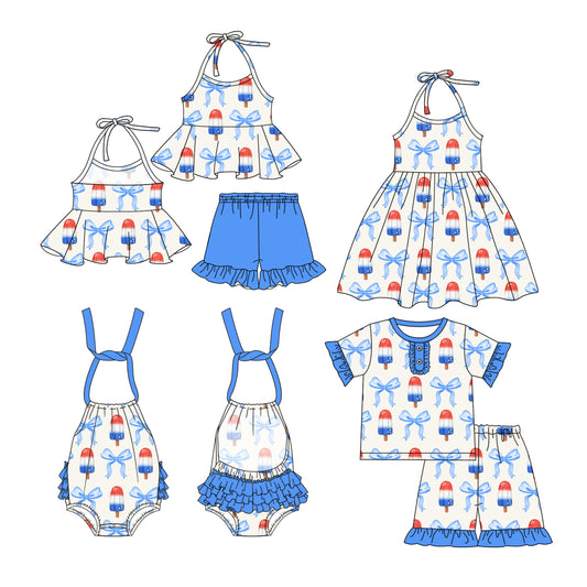 Preorder moq 5 Custom Baby Girls Strap Blue Red Bows Popsicle Tunic Ruffle Short 4th Of July Set Knee Length Dress And Rompers
