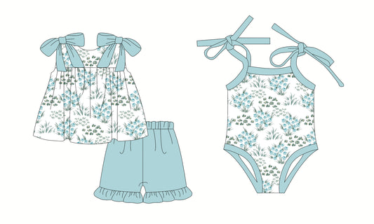 Preorder moq 5 Custom Baby Girls Blue Strap Floral Tunic Ruffle Short Set Bummise Romper