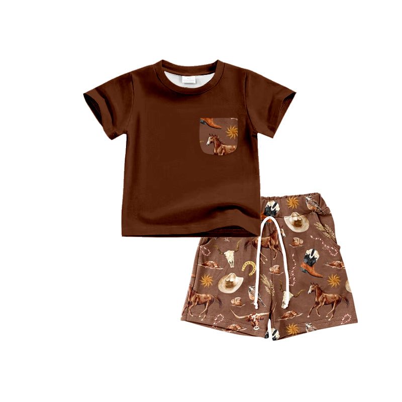 Baby Boys Brown Shirt Pocket Top Western Cow Shorts Clothes Sets preorder(moq 5)