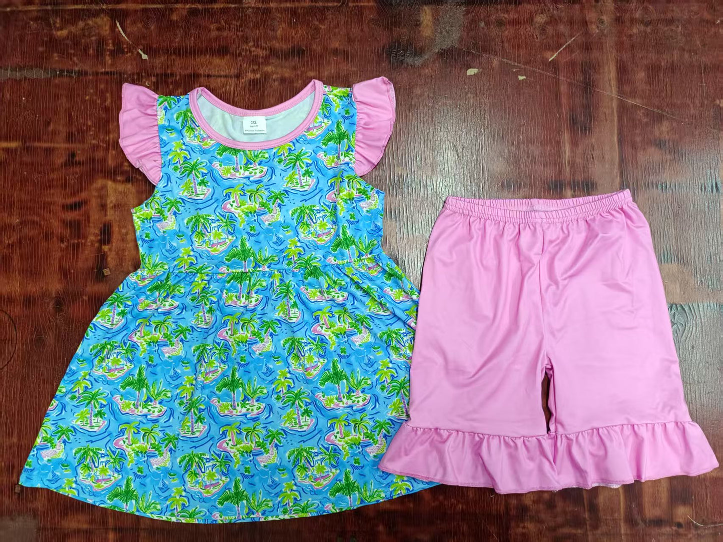 Preorder moq 5 Baby Girls Pink Flutter Sleeves Blue Beach Tunic Ruffle Short Sets