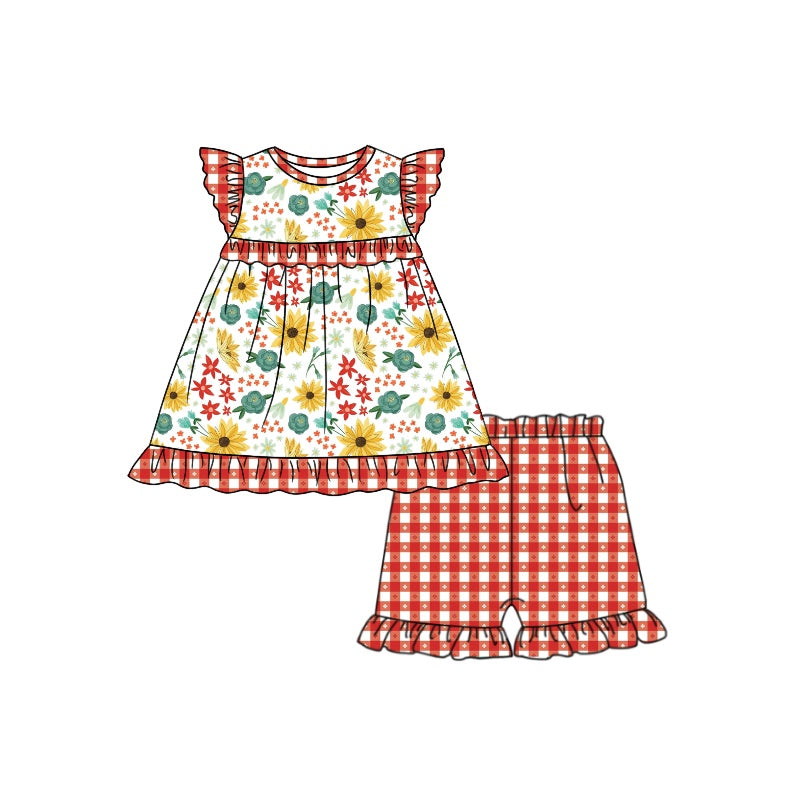Baby Girls Sunflowr Tunic Ruffle Checkered Shorts Clothes Sets preorder(moq 5)