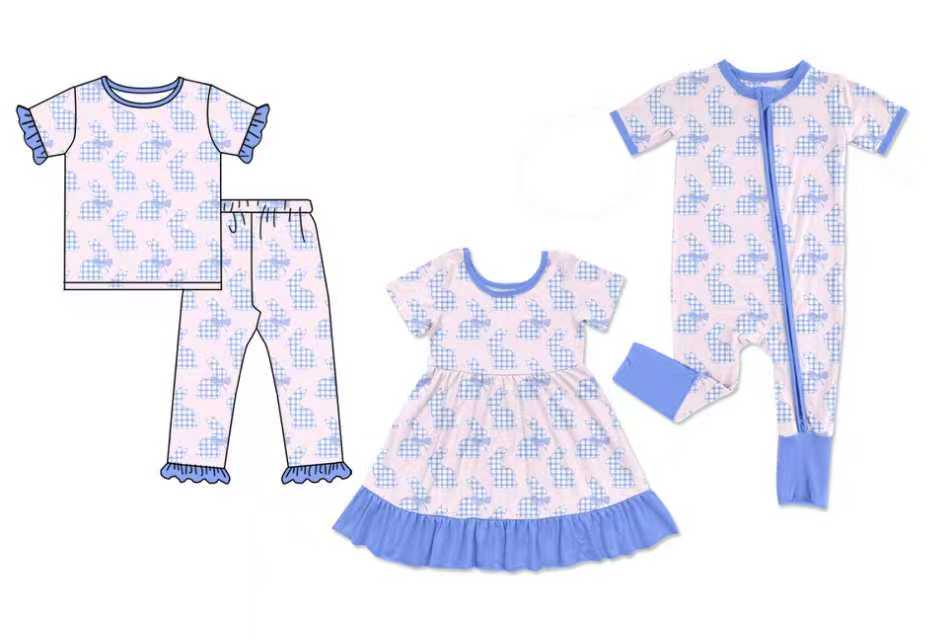 Preorder moq 5 (each item)Baby Girls Blue Checked Rabbits Ruffle Pants Easter Pajamas Sets Dress Zipper Rompers