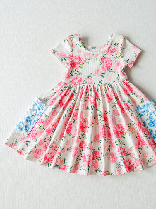 Baby Girls Short Sleeve Pink Flowers Pockets Knee Length Dresses preorder (moq 5)