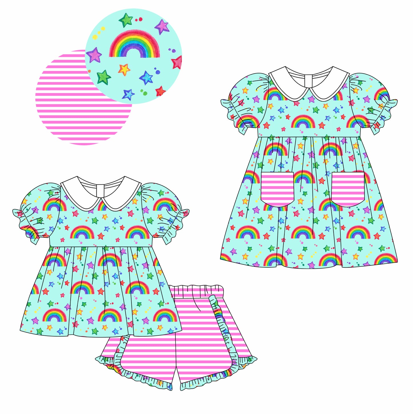 Preorder(moq 5 each) Baby Girls Rainbow Stars Dress Shorts Sets