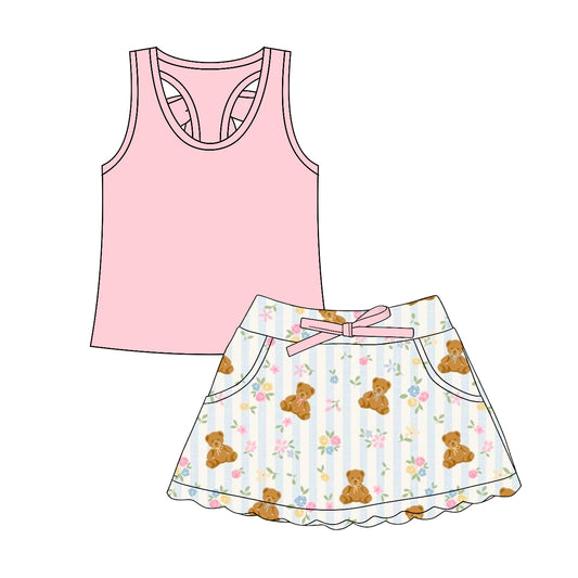 Preorder (moq 5)Baby Girls Pink Vests Flower Bears Scallop Pockets Skirt Shorts Clothes Sets