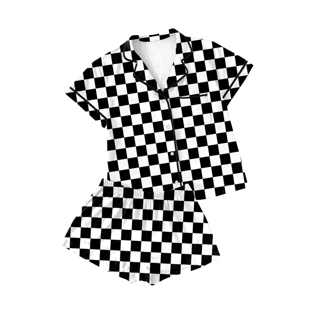 Adult Women Black Checkered Buttons Tops Shorts Pajamas Preorder