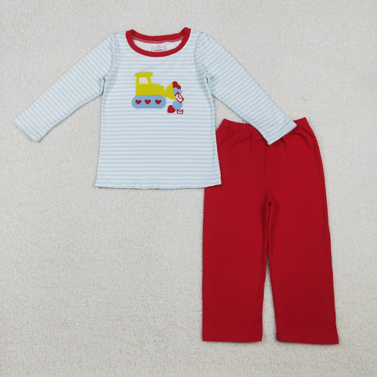 Embroidery Hearts Excavator Baby Boys Stripe Top Pants Valentine Clothes Sets