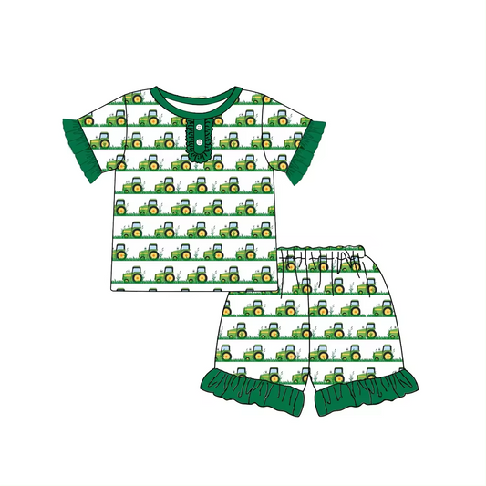 Baby Girls Green Tractor Shirt Shorts Pajamas Clothes Sets Preorder(moq 5)