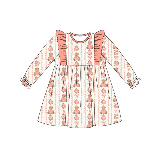 Baby Girls Long Ruffle Sleeve Bows Bears Flowers Fall Knee Length Dresses Preorder