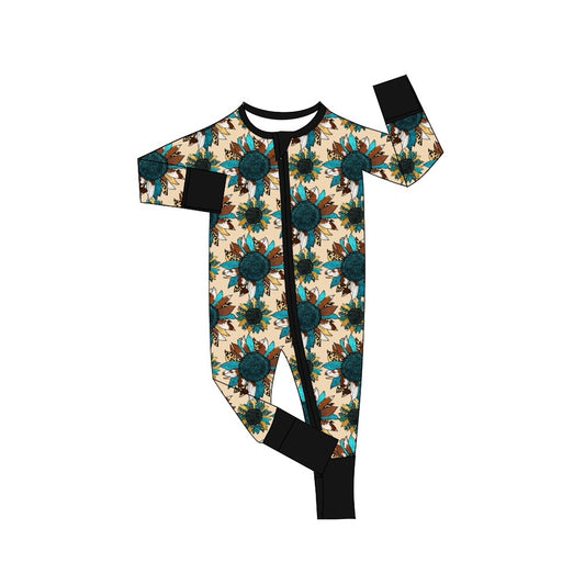 Baby Infant Girls Sunflowers Western Zip Rompers preorder(moq 5)