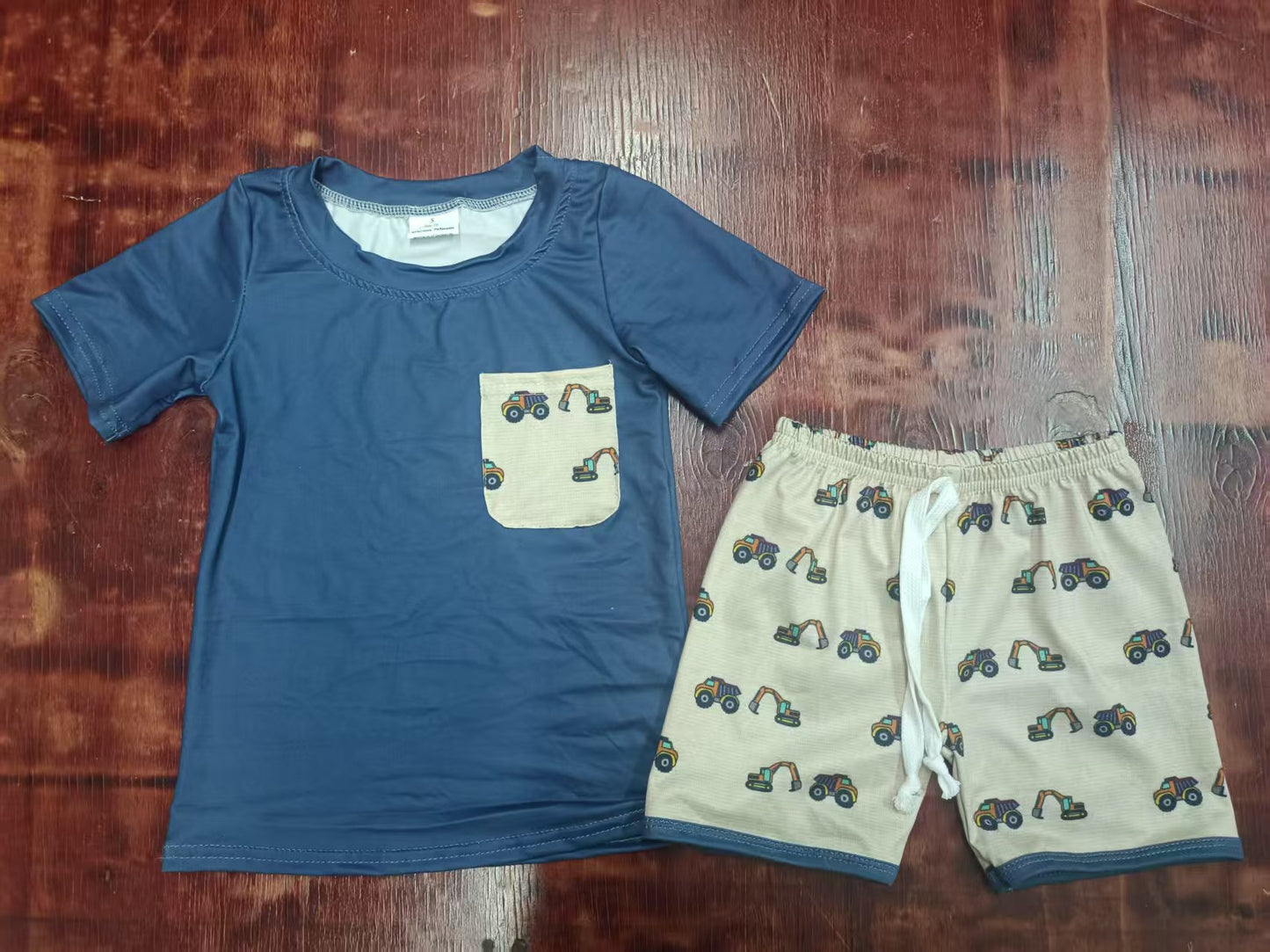 Preorder moq 5 Baby Boys Navy Short Sleeves Pocket Top Excavators Short Set