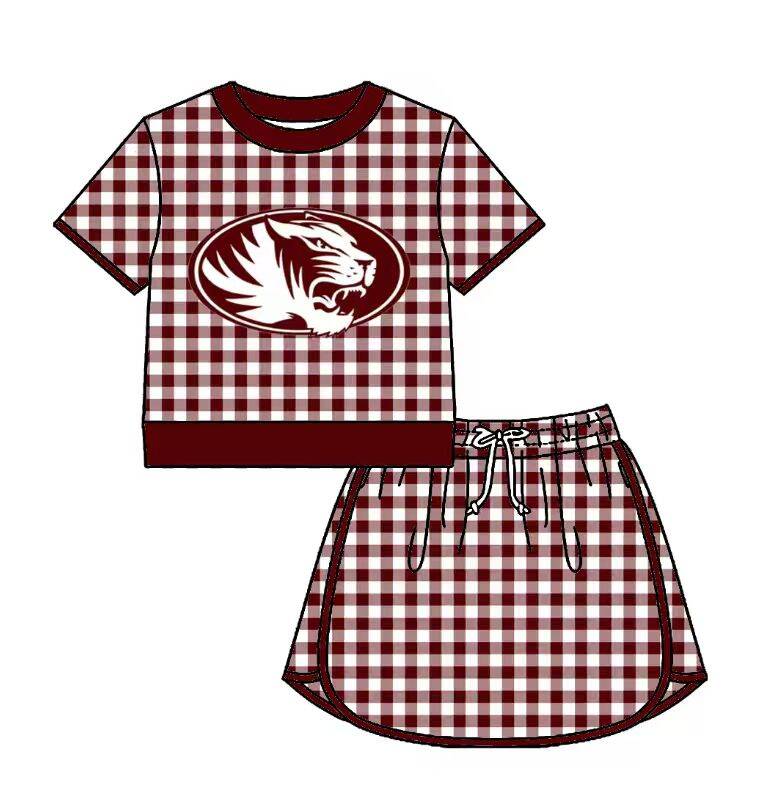 Preorder (moq 5)Baby Girls Red Checked Silsbee Tigers Top Skirt Short Team Clothes Set