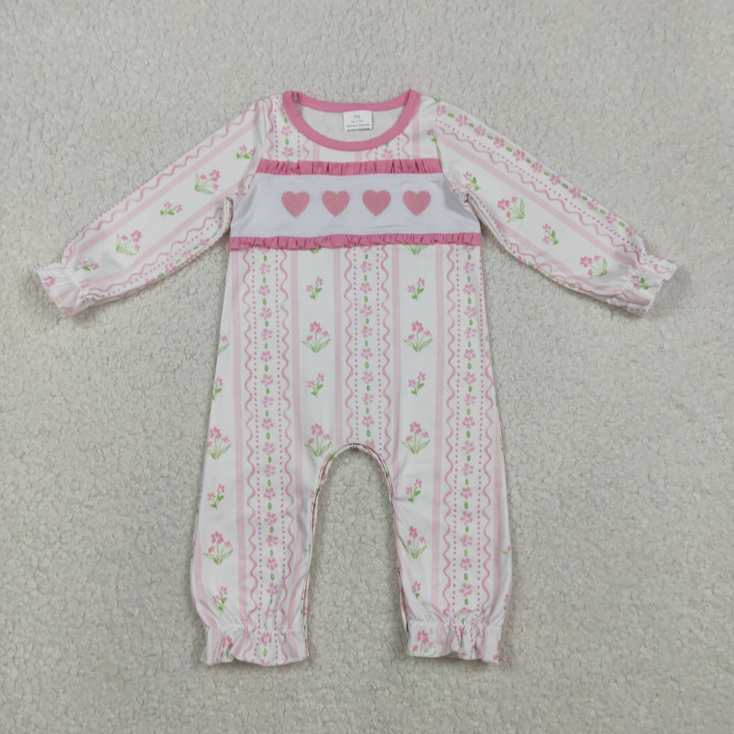 Embroidery Hearts Baby Girls Flowers Stripe Valentines Ruffle Footie Rompers