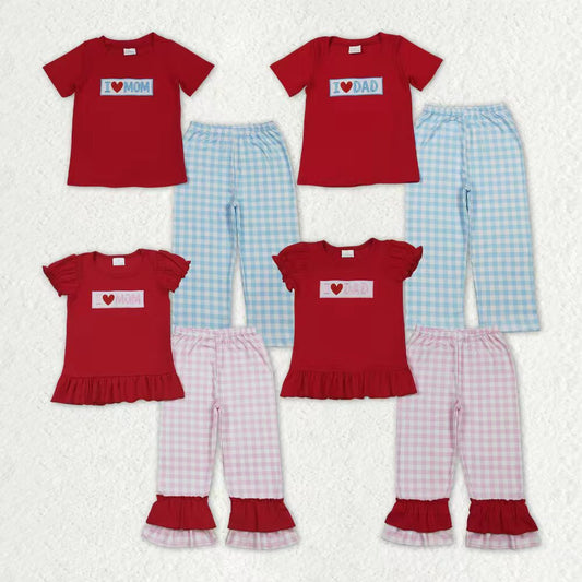 Sibling Baby Boys Girls Embroidery I Love Dad Mom Checked Red Shirt Pants Clothes Sets