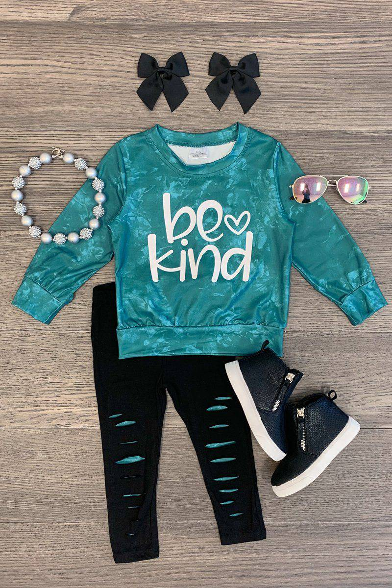 Baby Girls Be Kind Green Top Distressed Pants Outfits Sets preorder(moq 5)