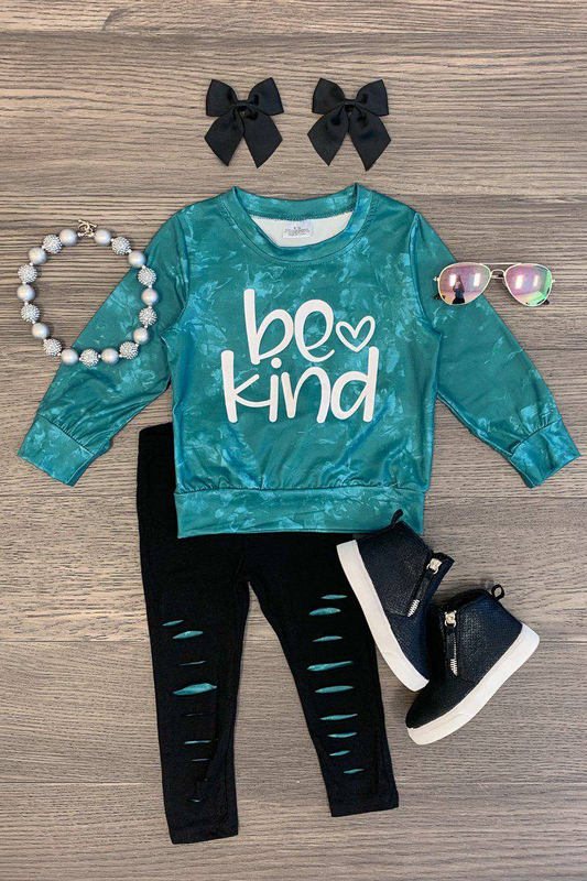 Baby Girls Be Kind Green Top Distressed Pants Outfits Sets preorder(moq 5)