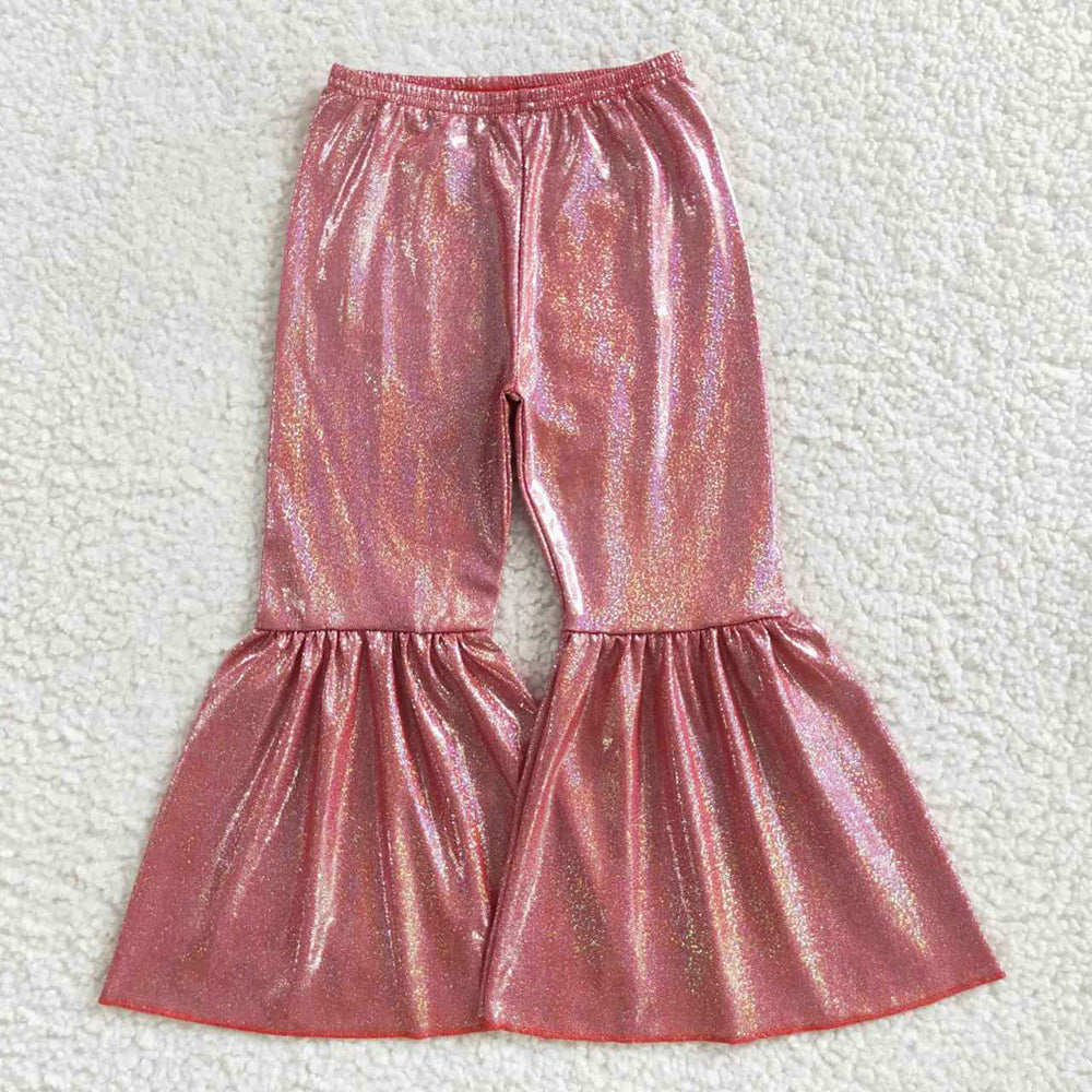 P0181 Baby Girls Brick Red Holographic Spandex Bell Bottom Pants