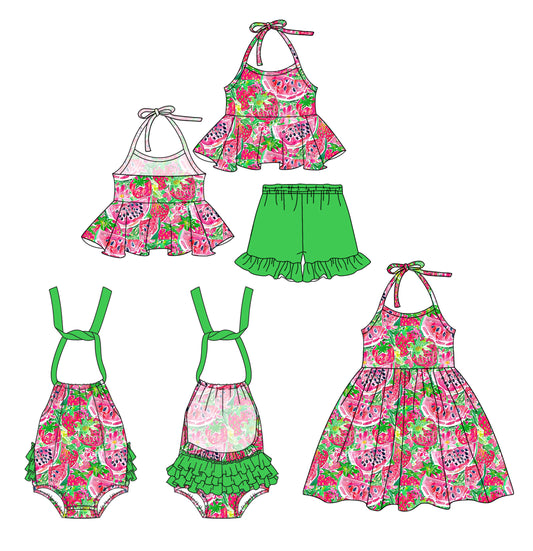 Preorder moq 5 Custom Baby Girls Strap Watermelon Tunic Ruffle Short Set Knee Length Dress Romper